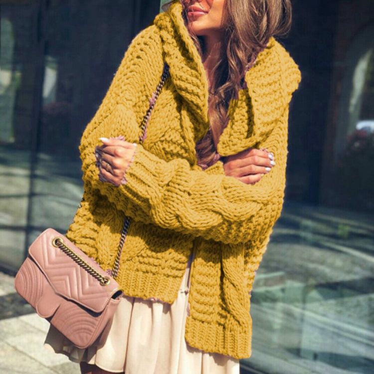 Pure Color Chunky Knit Hooded Cardigan Sweater