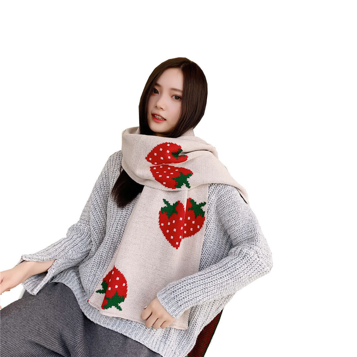 Long strawberry knitted scarf