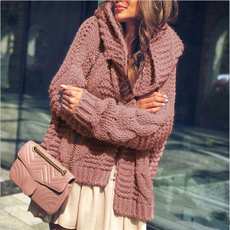 Pure Color Chunky Knit Hooded Cardigan Sweater