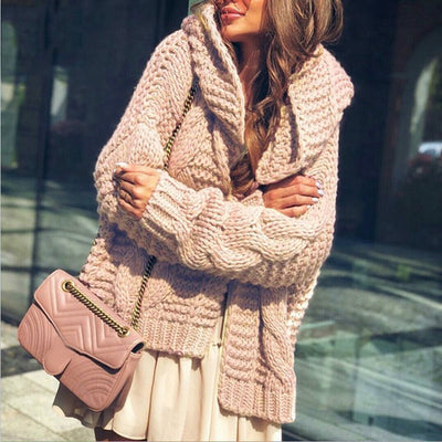 Pure Color Chunky Knit Hooded Cardigan Sweater