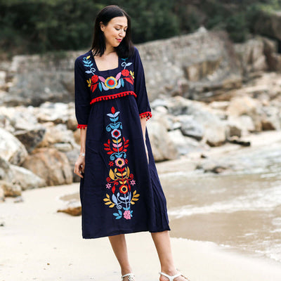 Women Bohemian Floral Embroidery Loose Midi Dress