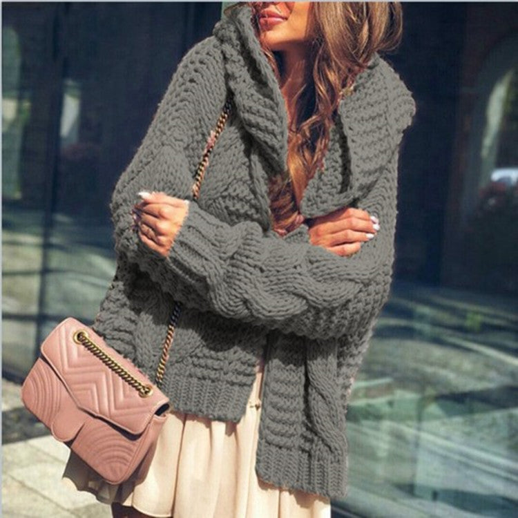 Pure Color Chunky Knit Hooded Cardigan Sweater