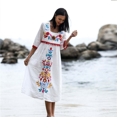 Women Bohemian Floral Embroidery Loose Midi Dress