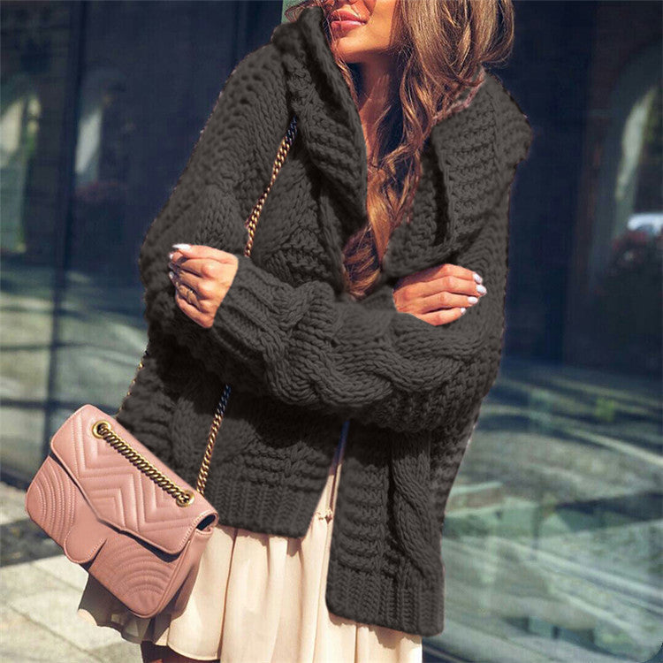 Pure Color Chunky Knit Hooded Cardigan Sweater