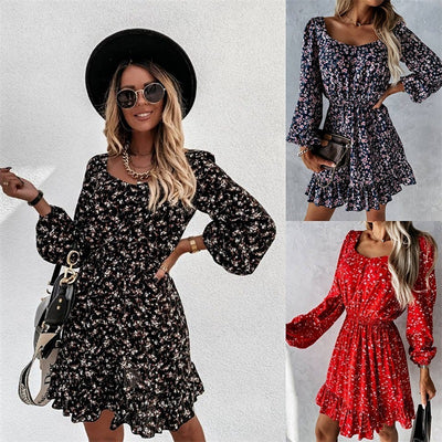 Floral Waist Square Neck Midi Dress