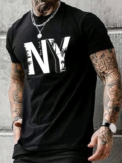 NY Printed Men's Chic Short Sleeved Round Neck T-shirt, Summer Outdoor, Beach Vacation